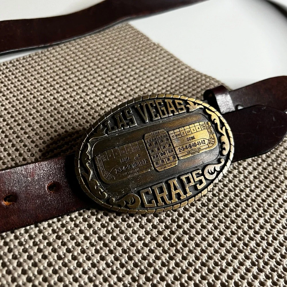 Vintage 1983 Las Vegas Craps Belt Buckle Indiana Metal Craft Brown Leather Belt